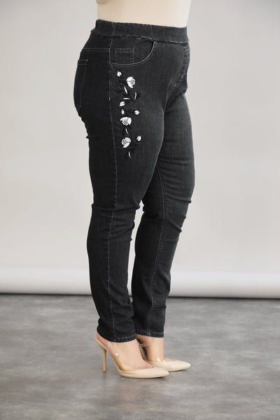 Elastische Damenjeans mit Stickerei - Schwarz