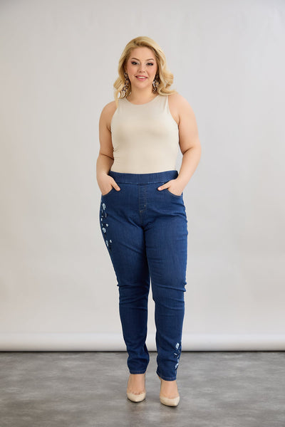 Elastische Damenjeans mit Stickerei - Dunkelblau