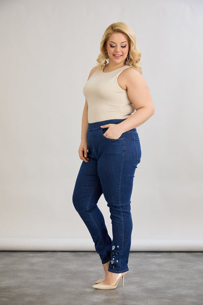 Elastische Damenjeans mit Stickerei - Dunkelblau