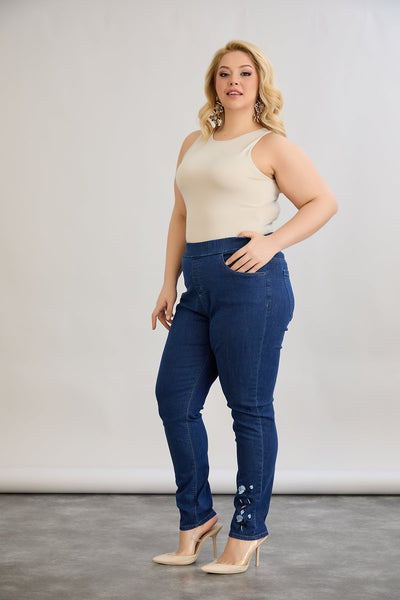 Elastische Damenjeans mit Stickerei - Dunkelblau