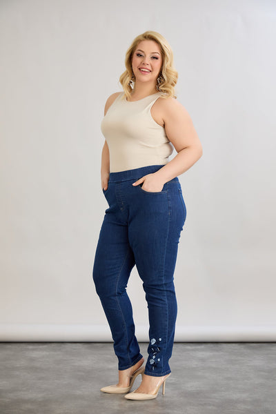 Elastische Damenjeans mit Stickerei - Dunkelblau