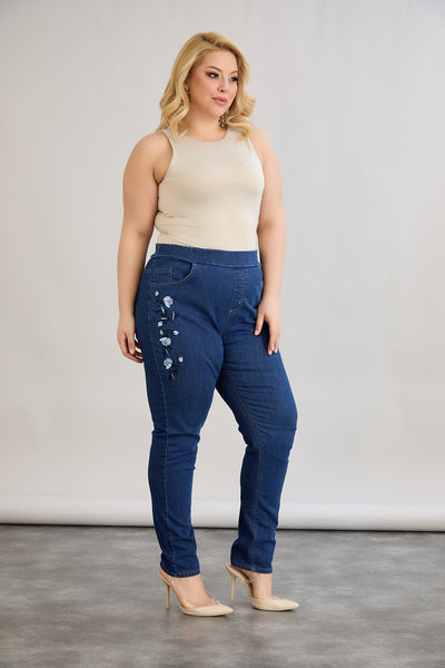 Elastische Damenjeans mit Stickerei - Dunkelblau