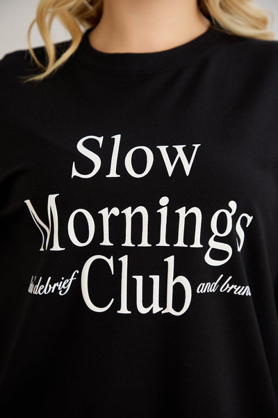 Casual-bluse mit Schriftzug „Slow Morning Club“