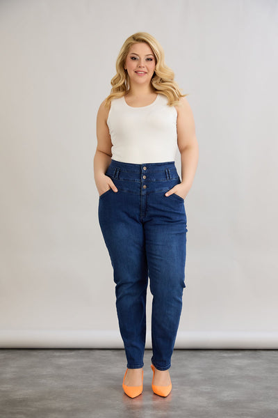 Elastische Jeans mit hohem Taillenumfang und Knöpfen