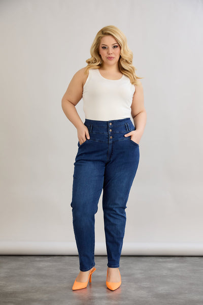 Elastische Jeans mit hohem Taillenumfang und Knöpfen