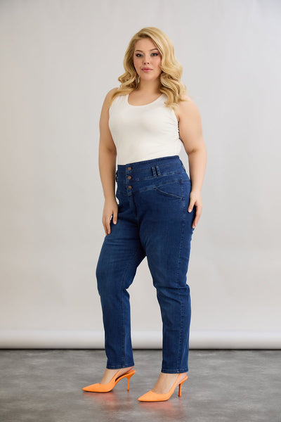 Elastische Jeans mit hohem Taillenumfang und Knöpfen