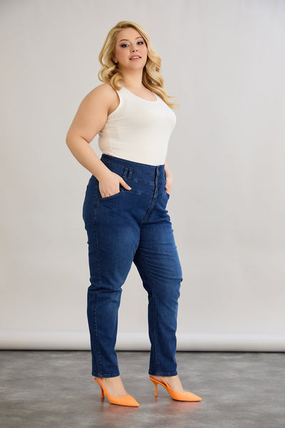 Elastische Jeans mit hohem Taillenumfang und Knöpfen