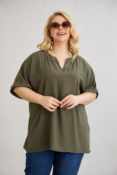 Bluse mit V-Ausschnitt und zarten Kieselsteinen - Khaki