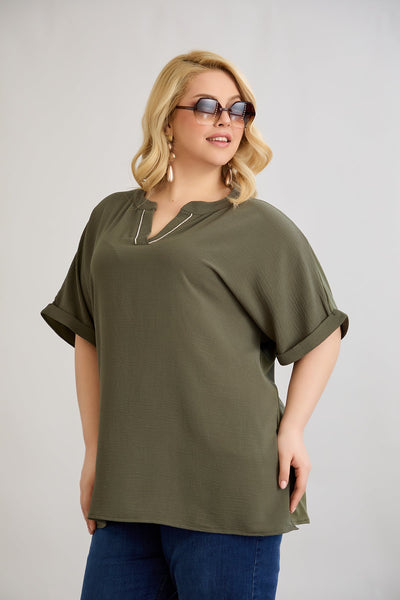 Bluse mit V-Ausschnitt und zarten Kieselsteinen - Khaki