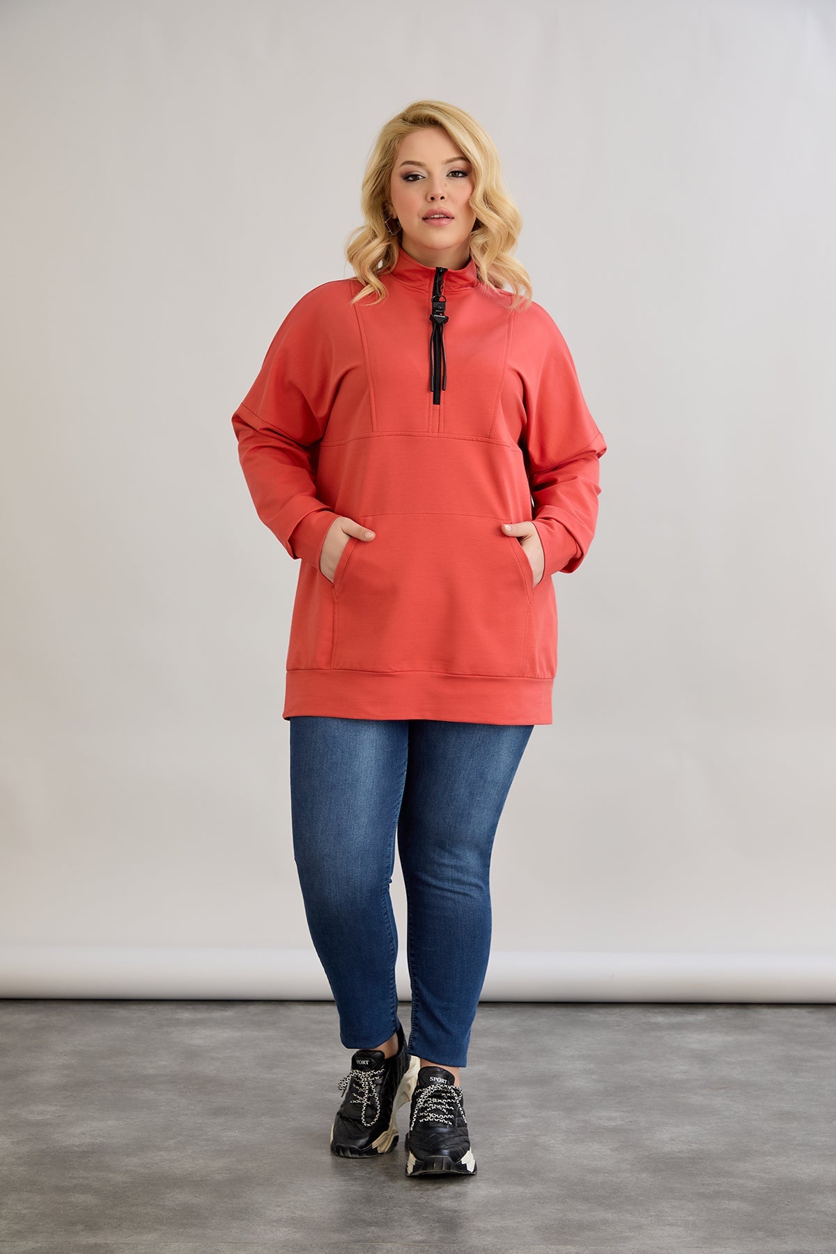 Zip-Hoodie mit dekorativen Nähten - Korallenfarbe