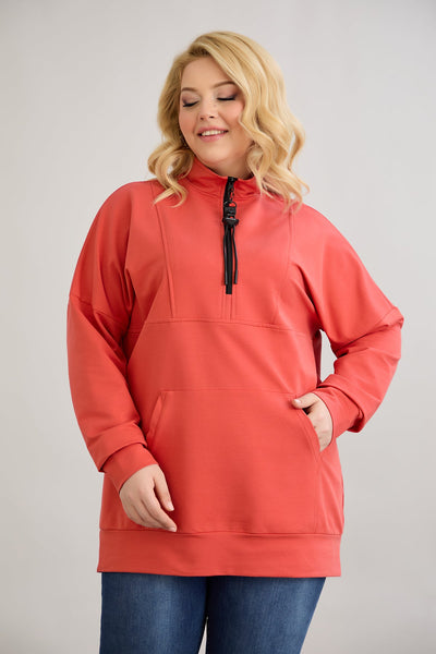 Zip-Hoodie mit dekorativen Nähten - Korallenfarbe