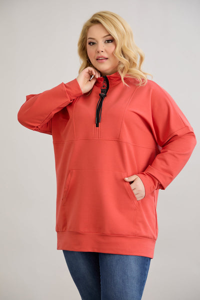 Zip-Hoodie mit dekorativen Nähten - Korallenfarbe