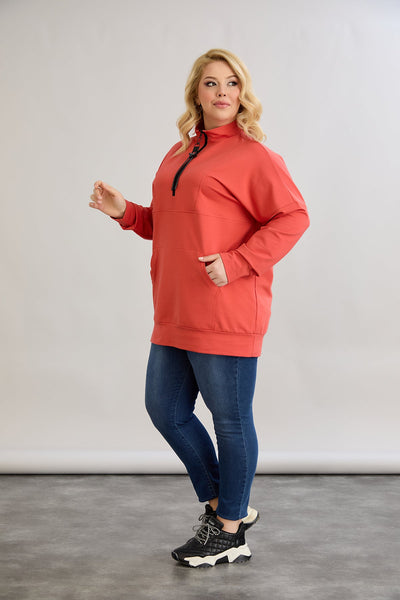 Zip-Hoodie mit dekorativen Nähten - Korallenfarbe