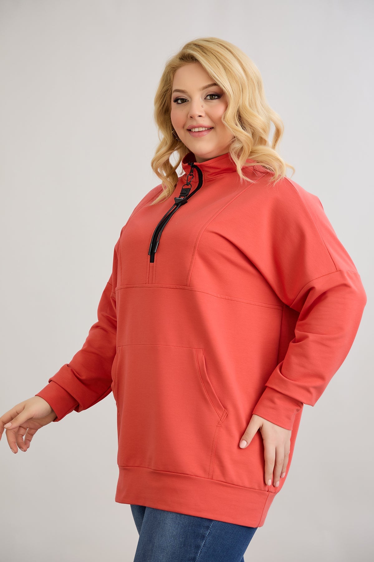 Zip-Hoodie mit dekorativen Nähten - Korallenfarbe