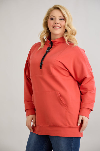 Zip-Hoodie mit dekorativen Nähten - Korallenfarbe