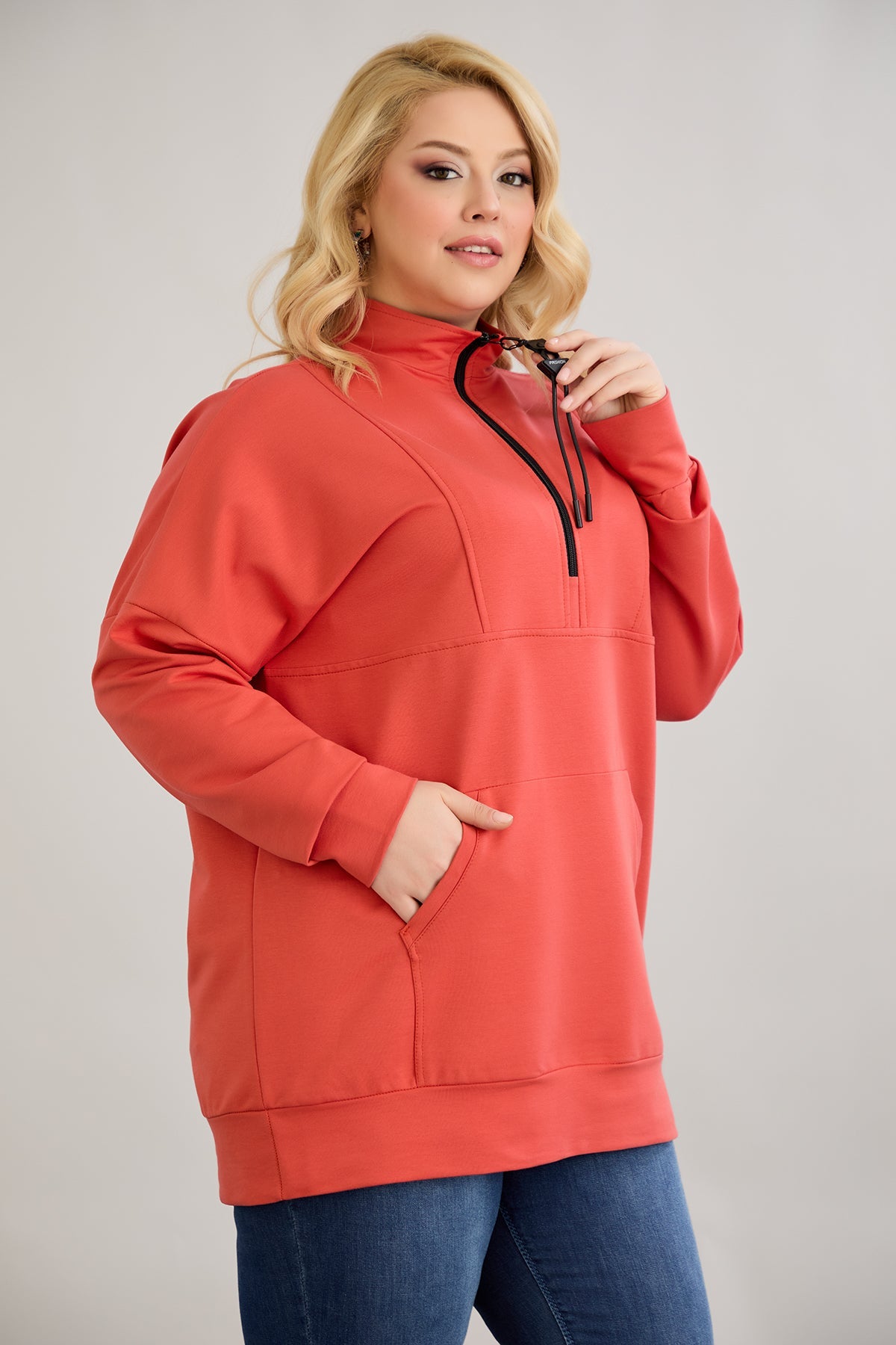 Zip-Hoodie mit dekorativen Nähten - Korallenfarbe