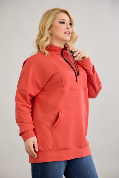 Zip-Hoodie mit dekorativen Nähten - Korallenfarbe