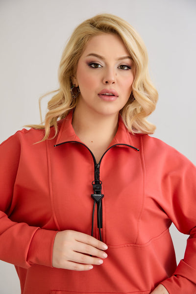 Zip-Hoodie mit dekorativen Nähten - Korallenfarbe