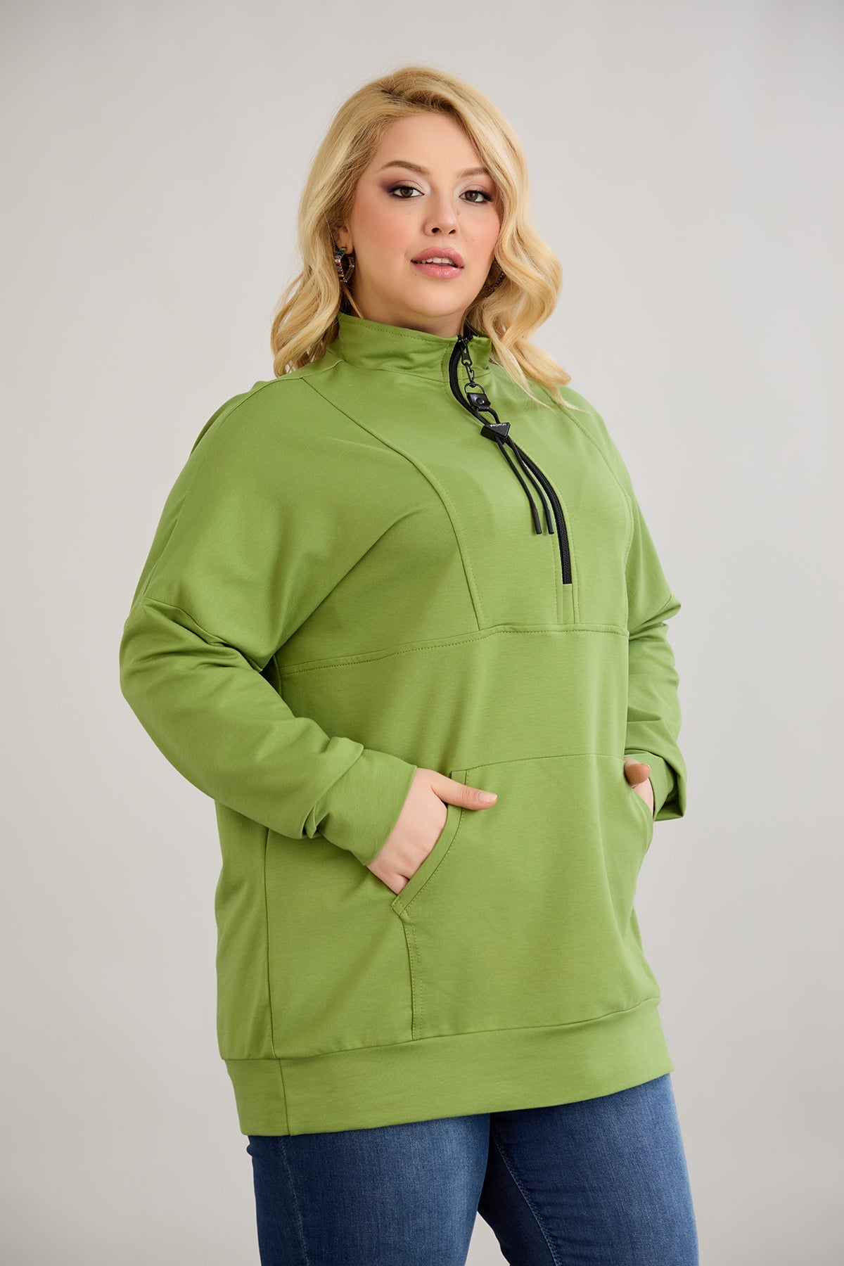 Zip-Hoodie mit dekorativen Nähten - Grün