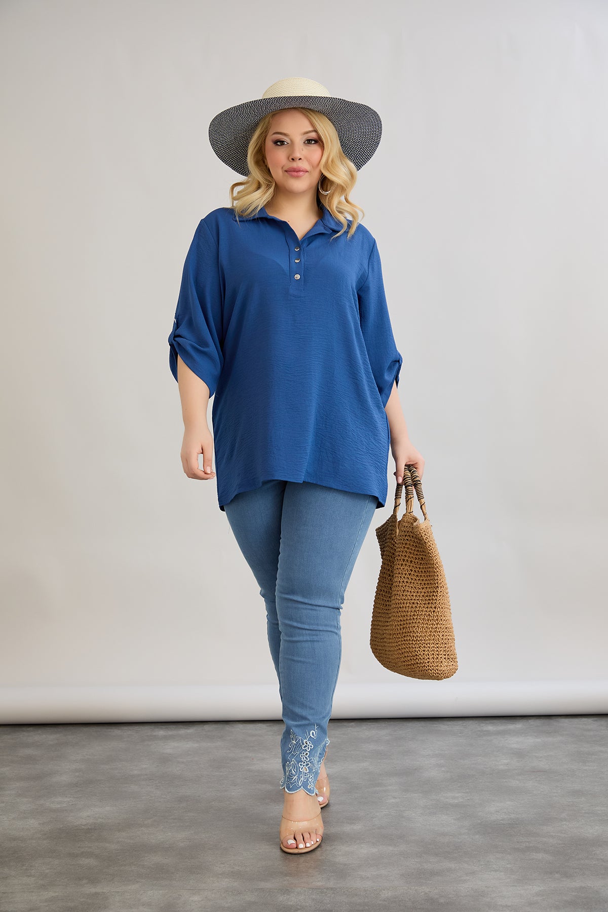 3/4 Ärmel Hemd mit Knöpfen - Blau
