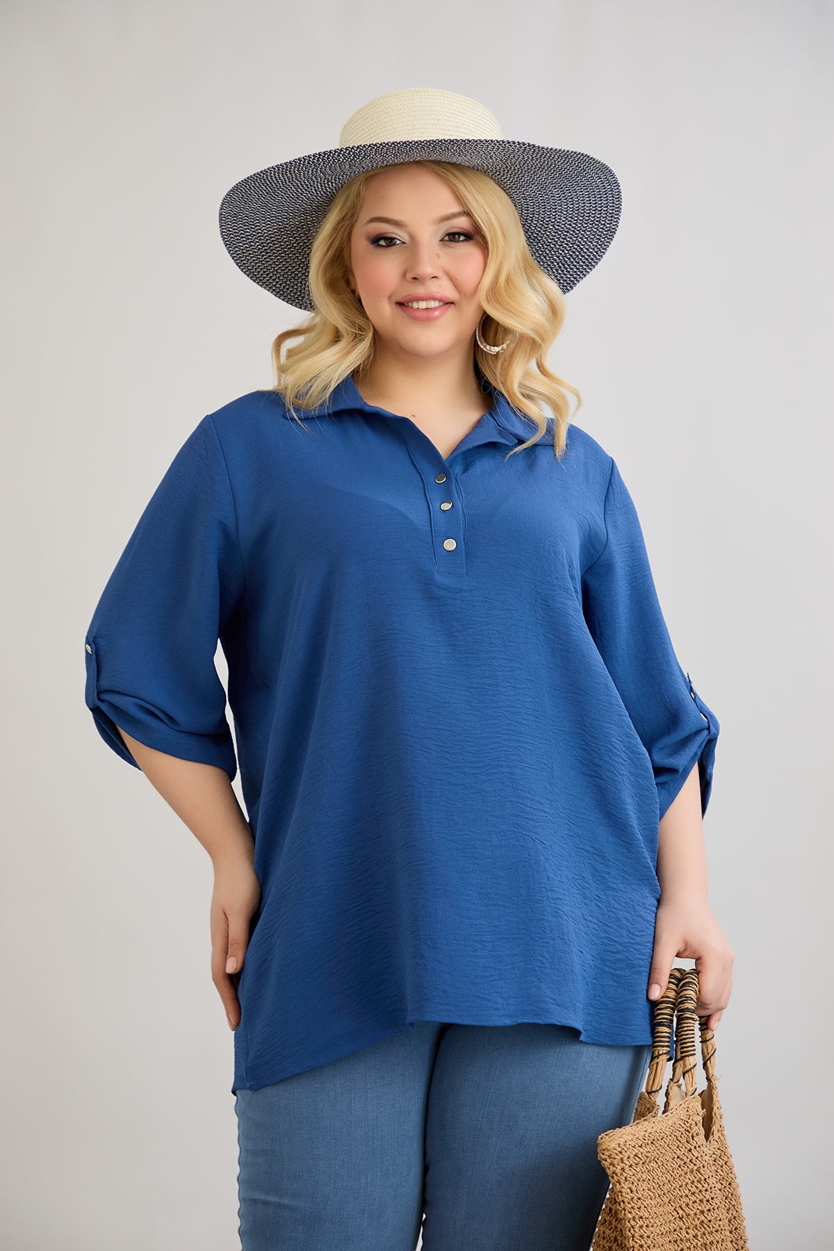 3/4 Ärmel Hemd mit Knöpfen - Blau