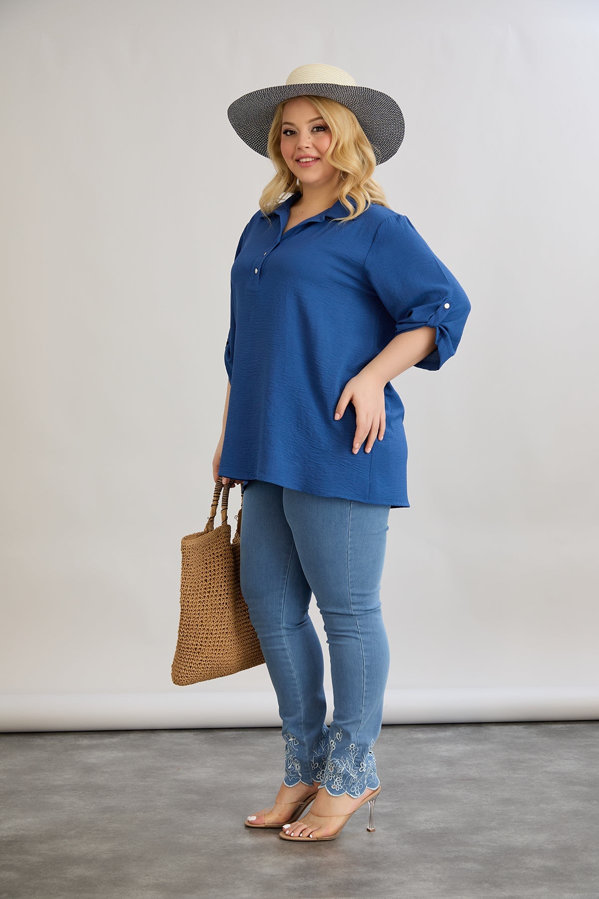 3/4 Ärmel Hemd mit Knöpfen - Blau