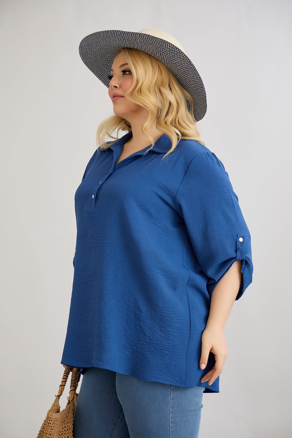 3/4 Ärmel Hemd mit Knöpfen - Blau