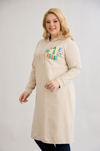 Baumwoll-Tunika-Kleid mit Print in Übergrößen - Ecru