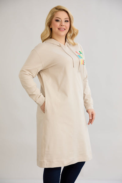 Baumwoll-Tunika-Kleid mit Print in Übergrößen - Ecru
