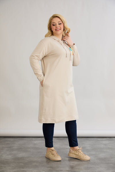 Baumwoll-Tunika-Kleid mit Print in Übergrößen - Ecru