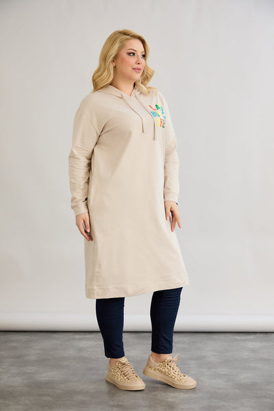 Baumwoll-Tunika-Kleid mit Print in Übergrößen - Ecru