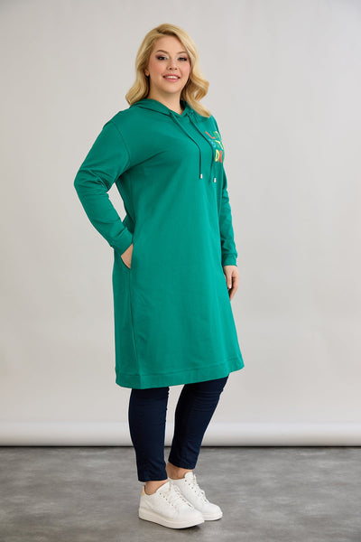 Baumwoll-Tunika-Kleid mit Print "Late but best dressed" - Grün