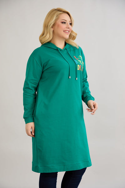 Baumwoll-Tunika-Kleid mit Print "Late but best dressed" - Grün