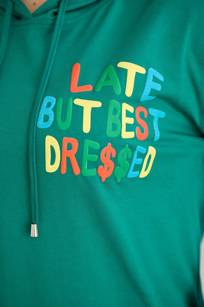 Baumwoll-Tunika-Kleid mit Print "Late but best dressed" - Grün