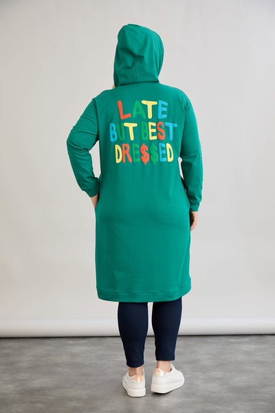 Baumwoll-Tunika-Kleid mit Print "Late but best dressed" - Grün