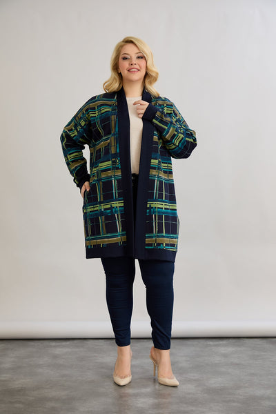 Strickjacke, lange, offene Form, Baumwolle - blau