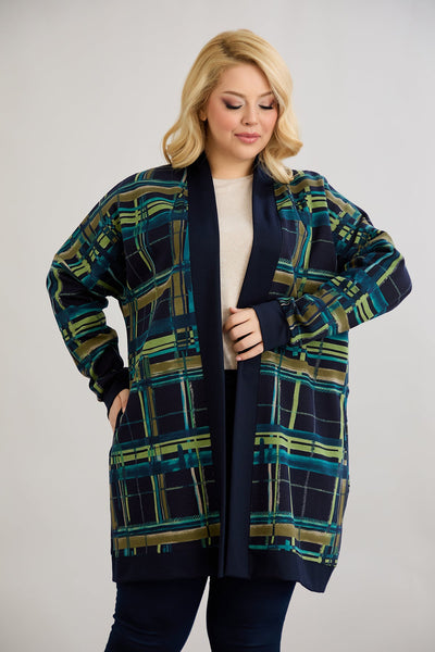 Strickjacke, lange, offene Form, Baumwolle - blau