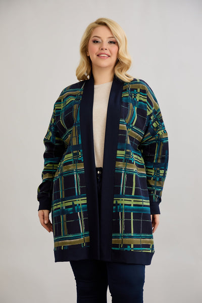 Strickjacke, lange, offene Form, Baumwolle - blau