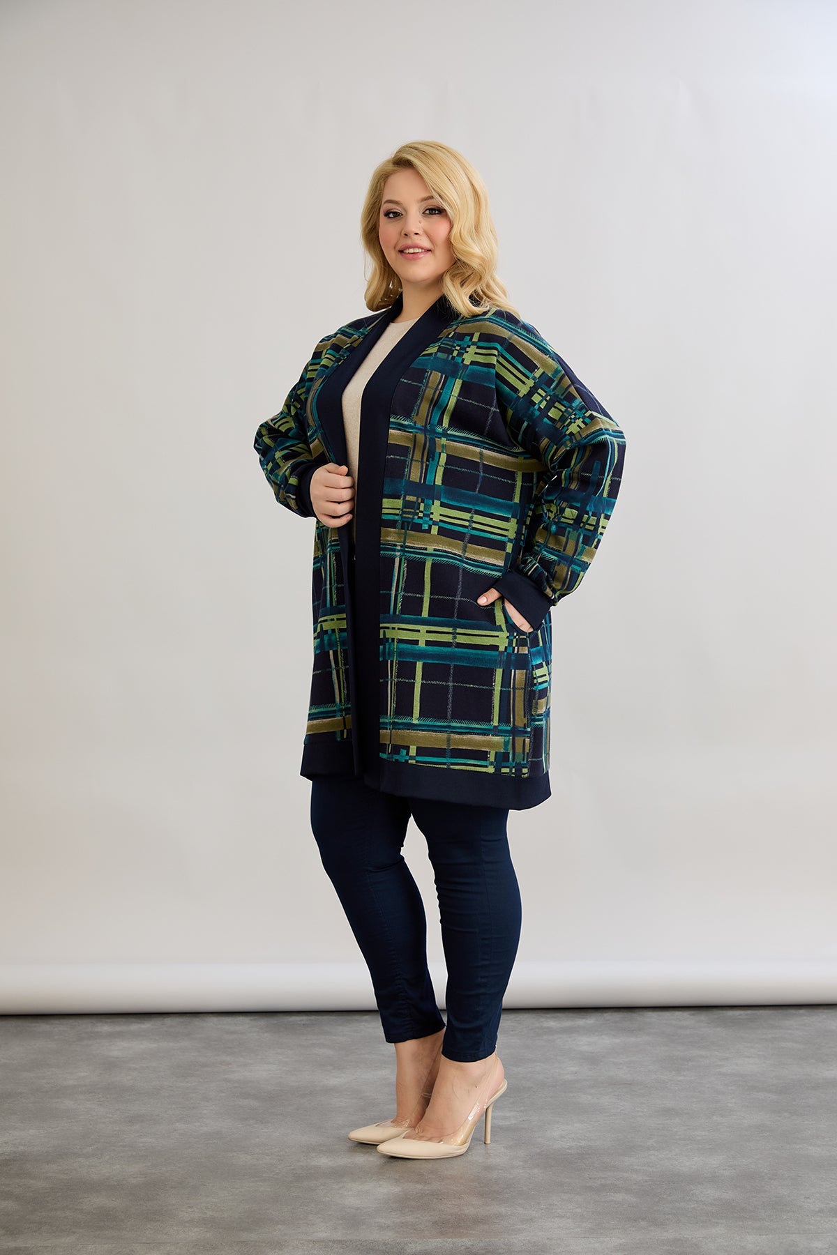 Strickjacke, lange, offene Form, Baumwolle - blau
