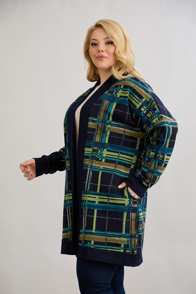 Strickjacke, lange, offene Form, Baumwolle - blau
