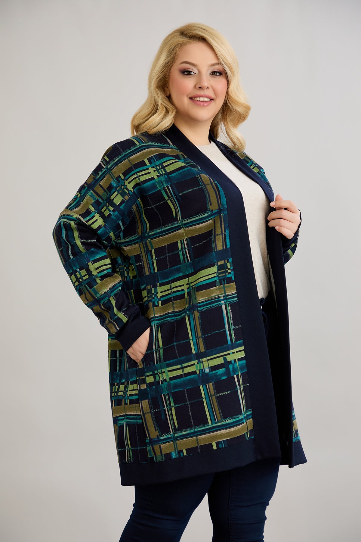 Strickjacke, lange, offene Form, Baumwolle - blau