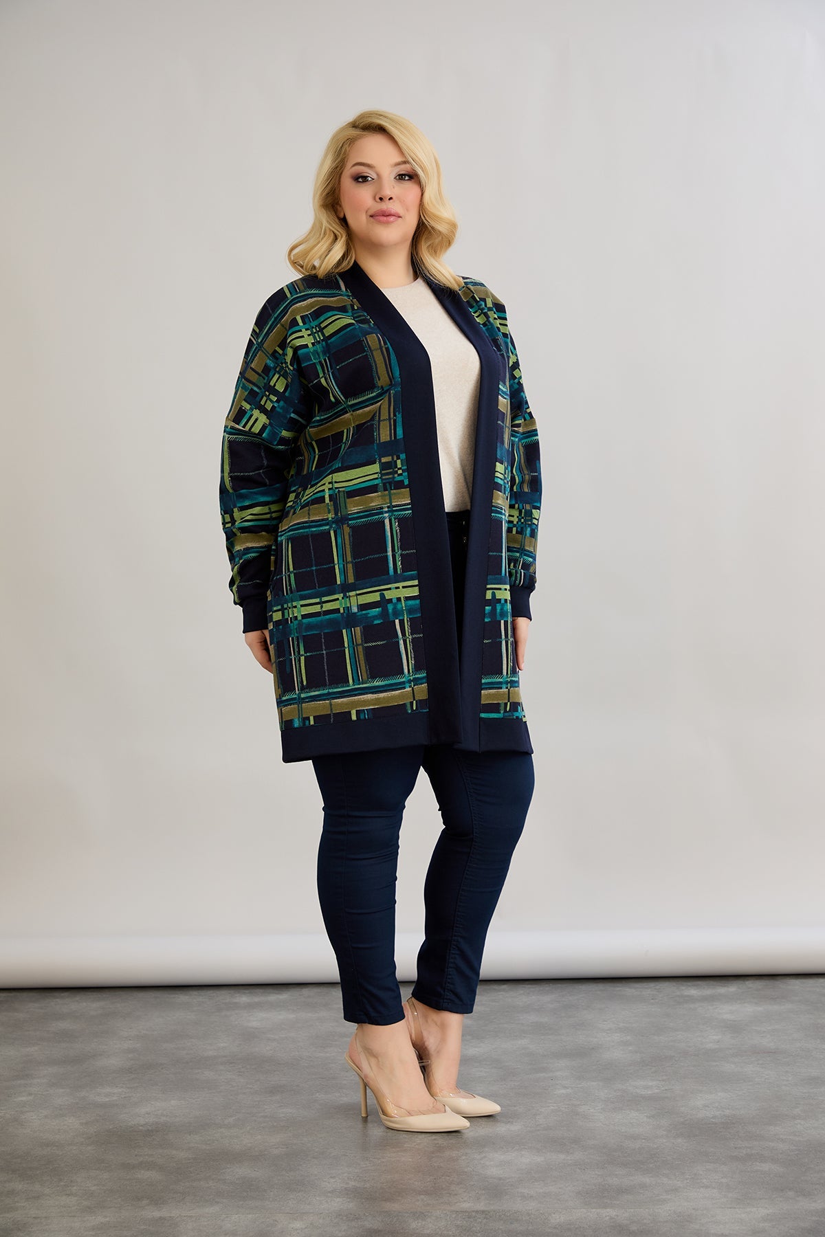 Strickjacke, lange, offene Form, Baumwolle - blau