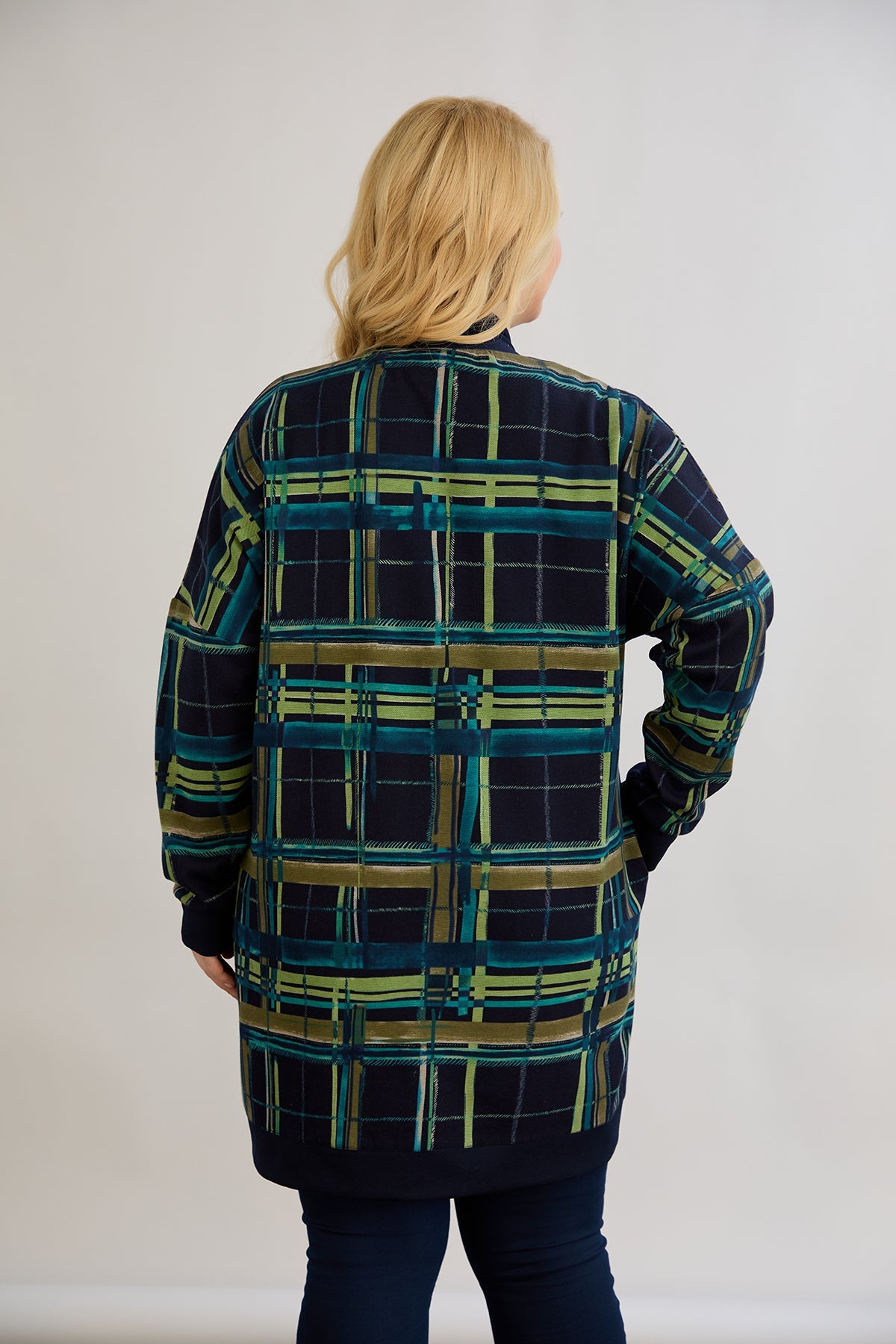 Strickjacke, lange, offene Form, Baumwolle - blau