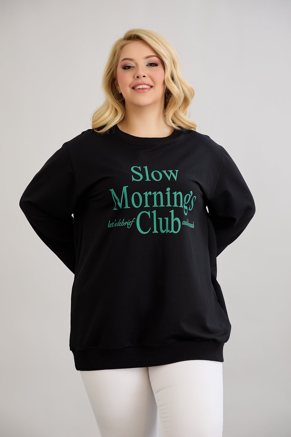 Casual-bluse mit Schriftzug „Slow Morning“ - Grün