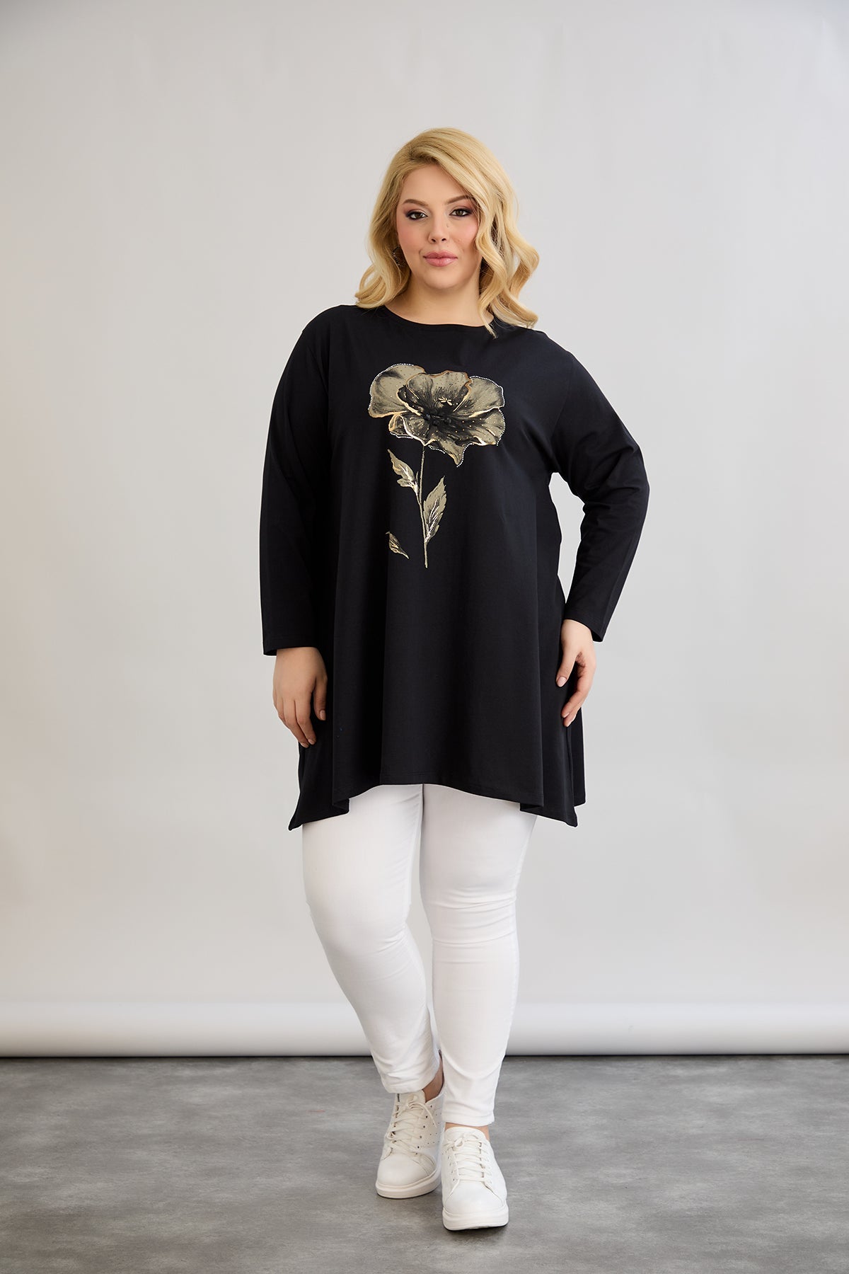 Tunika A-Linie mit Blumendruck mit Kieselsteinen - Schwarz