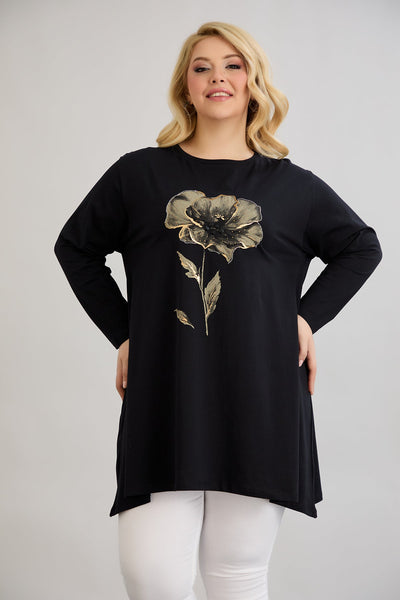Tunika A-Linie mit Blumendruck mit Kieselsteinen - Schwarz