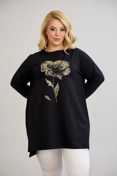 Tunika A-Linie mit Blumendruck mit Kieselsteinen - Schwarz