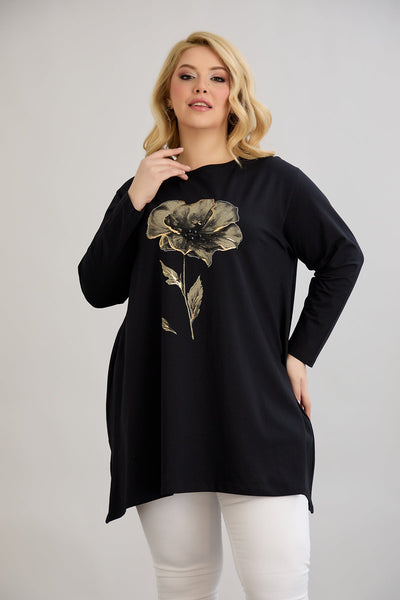 Tunika A-Linie mit Blumendruck mit Kieselsteinen - Schwarz