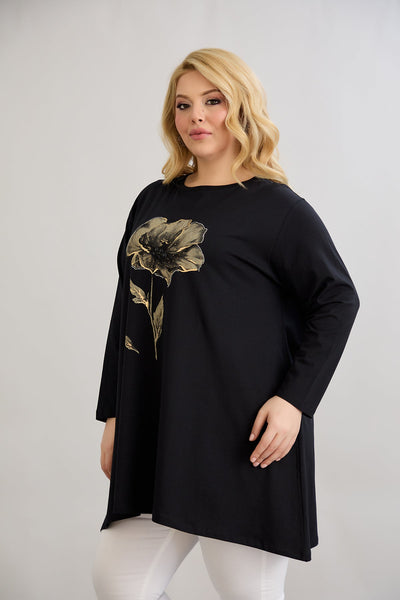 Tunika A-Linie mit Blumendruck mit Kieselsteinen - Schwarz