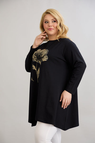 Tunika A-Linie mit Blumendruck mit Kieselsteinen - Schwarz